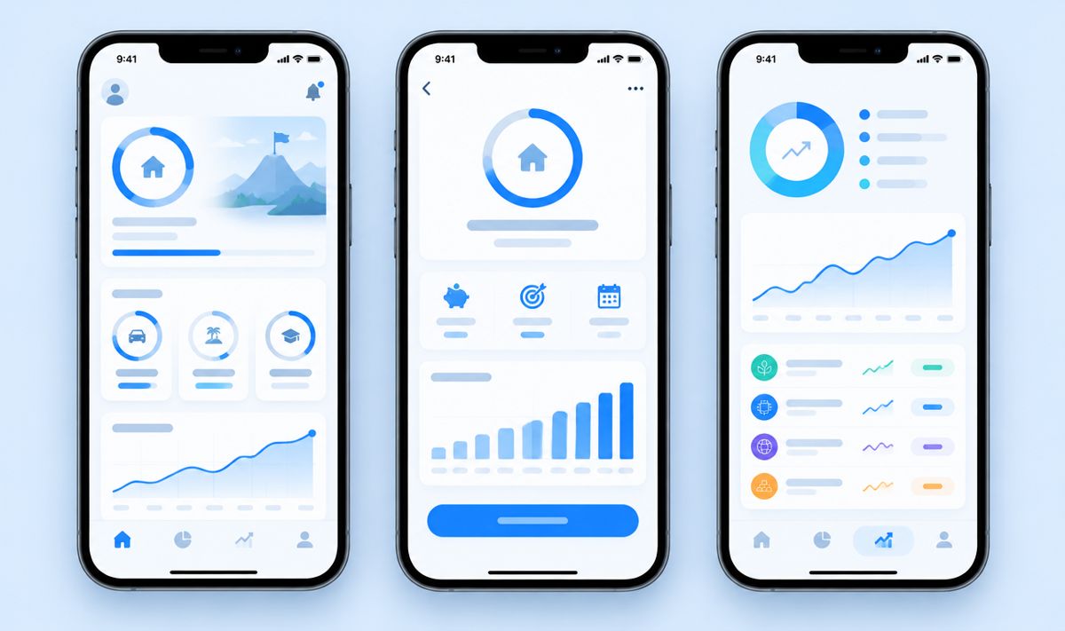 Three phone screens of a savings app with goals, progress rings and growth charts
