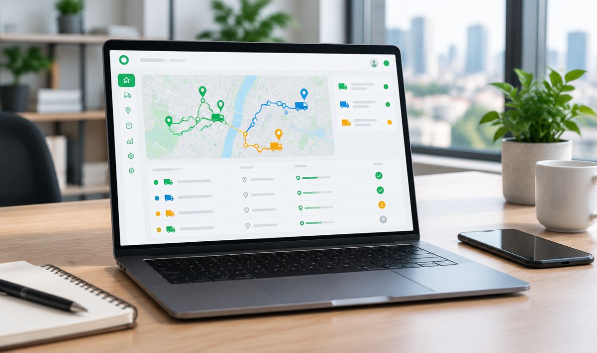 A laptop on a desk showing a delivery dispatch dashboard with a route map and a list of trucks